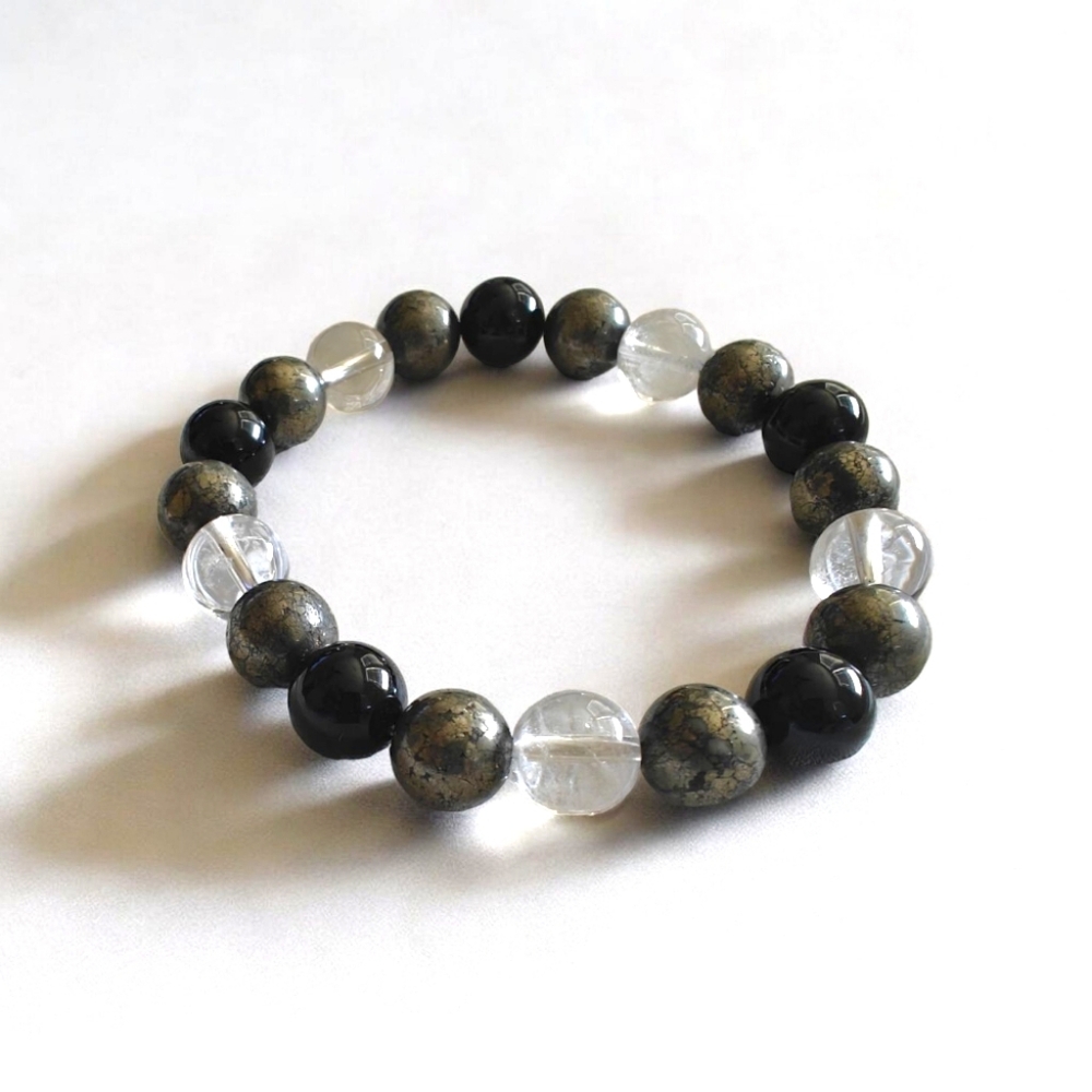 Pyrite Clear Quartz and Onyx Bracelet Natural Stones 10mm Unisex - Picture 1 of 6